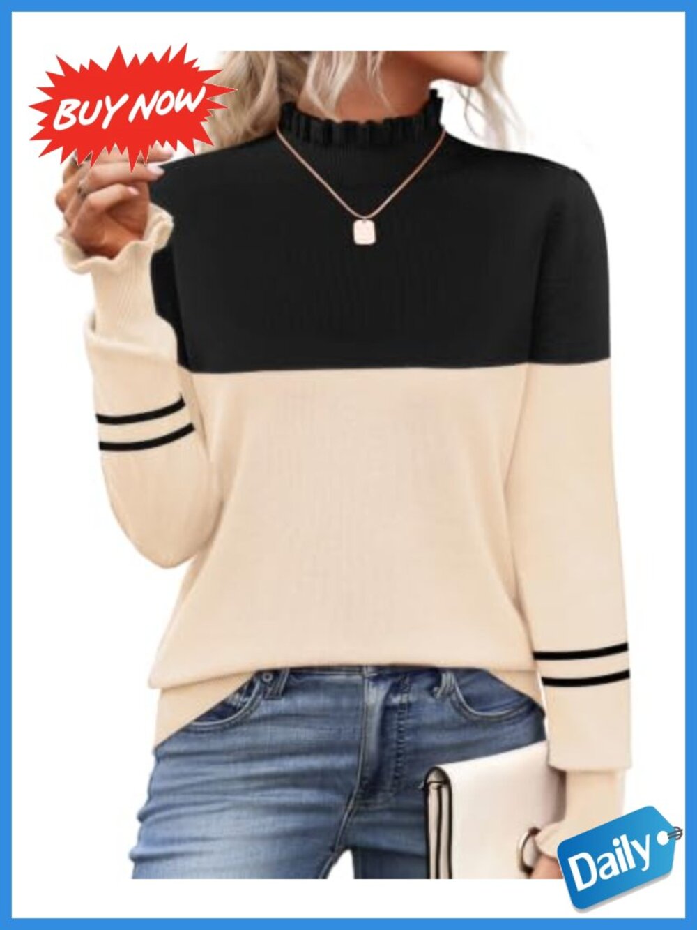 Zeagoo Women's Turtleneck Sweater Ruffle Knit Long Sleeve Pullover